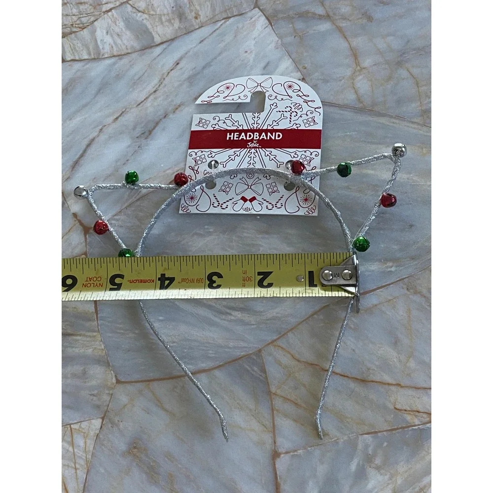 Justice Girls Silver Glitter Cat Ear Headband Red Green Holiday Jingle Bells NEW